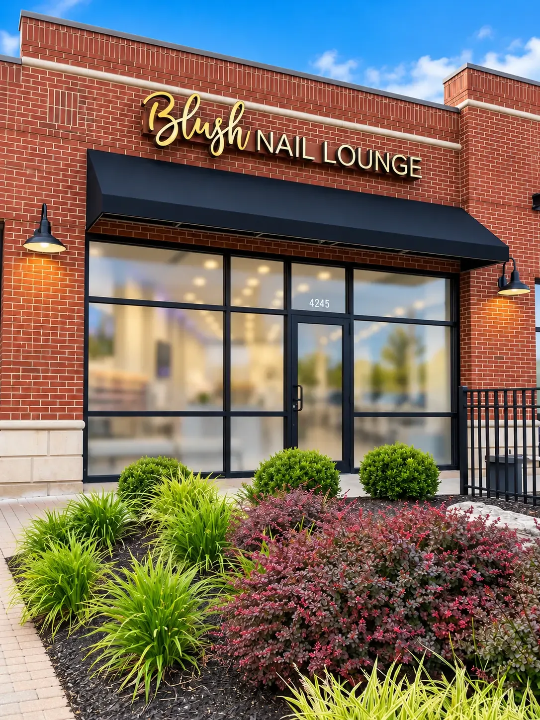 The Blush Nail Lounge storefront on North High Street, with its gold Blush sign, black awning and the number 4245 above the door